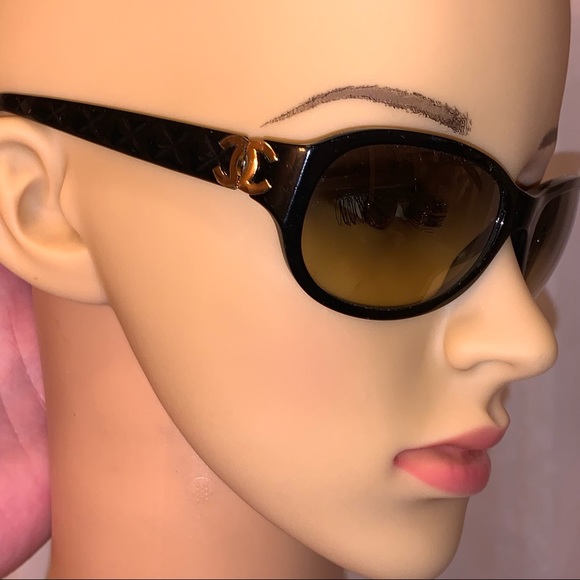 11) CHANEL black quilted acetate frame sunglasses, yellow lenses - Picture 1 of 10